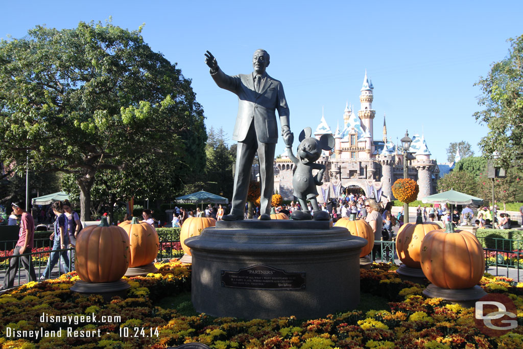 When holidays collide.  Pumpkins around the hub and snow on the castle.