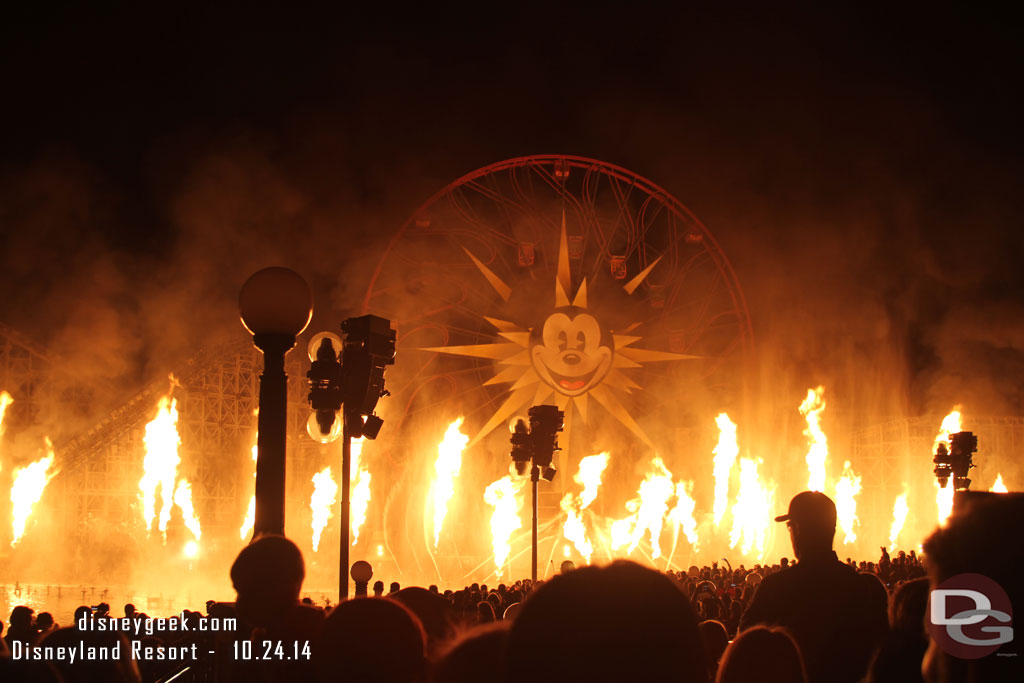 Watched World of Color from the stand by area.  Here is a picture from the Pirates fire sequence.