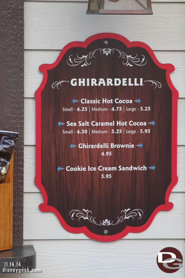 The menu for Ghirardelli