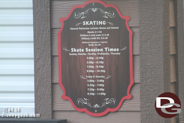 The ice rink rates and times.