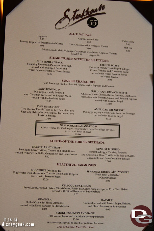 The breakfast menu for Steakhouse 55.  