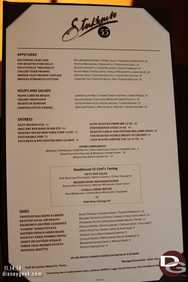 The dinner menu for Steakhouse 55.