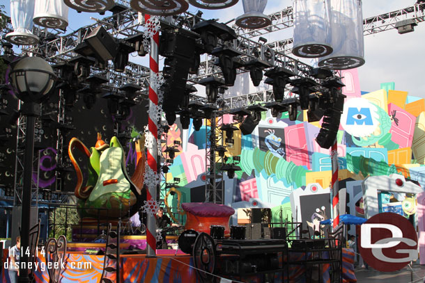 The stage at the Mad T Party has been decorated for the season and snow machines installed overhead.