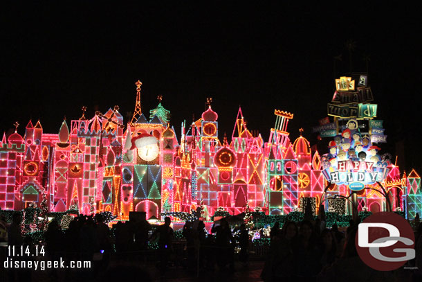 Small World Holiday with its lights on