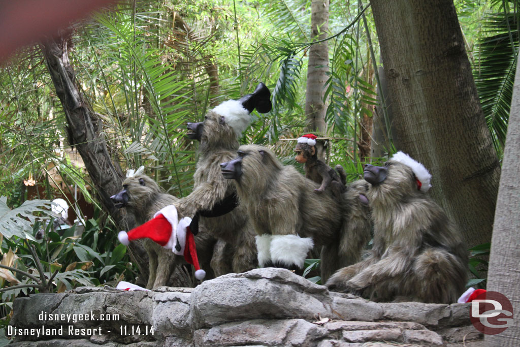 The family of baboons found the hats and boots.