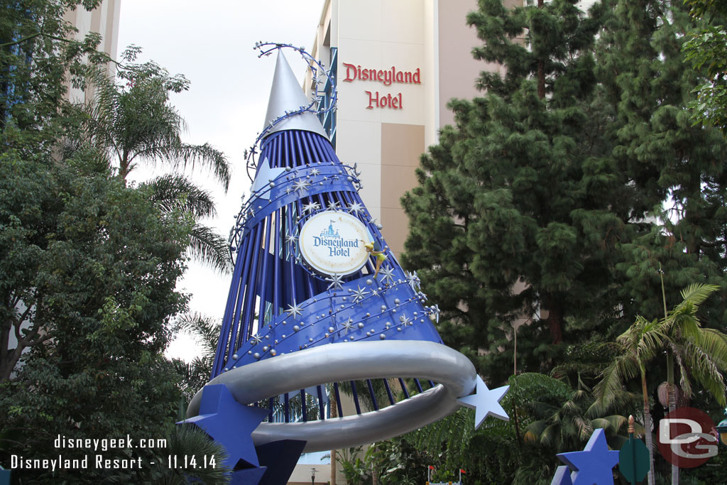 The hat as you head toward the Disneyland Hotel received a new color scheme recently.