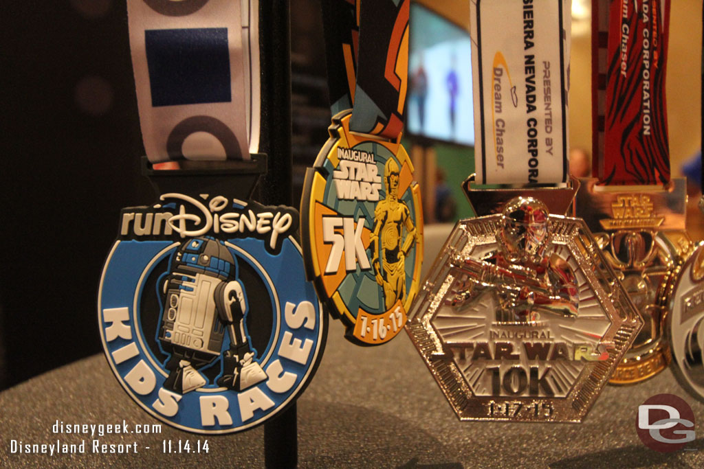 The medals for the upcoming Star Wars races were on display at the runDisney booth.