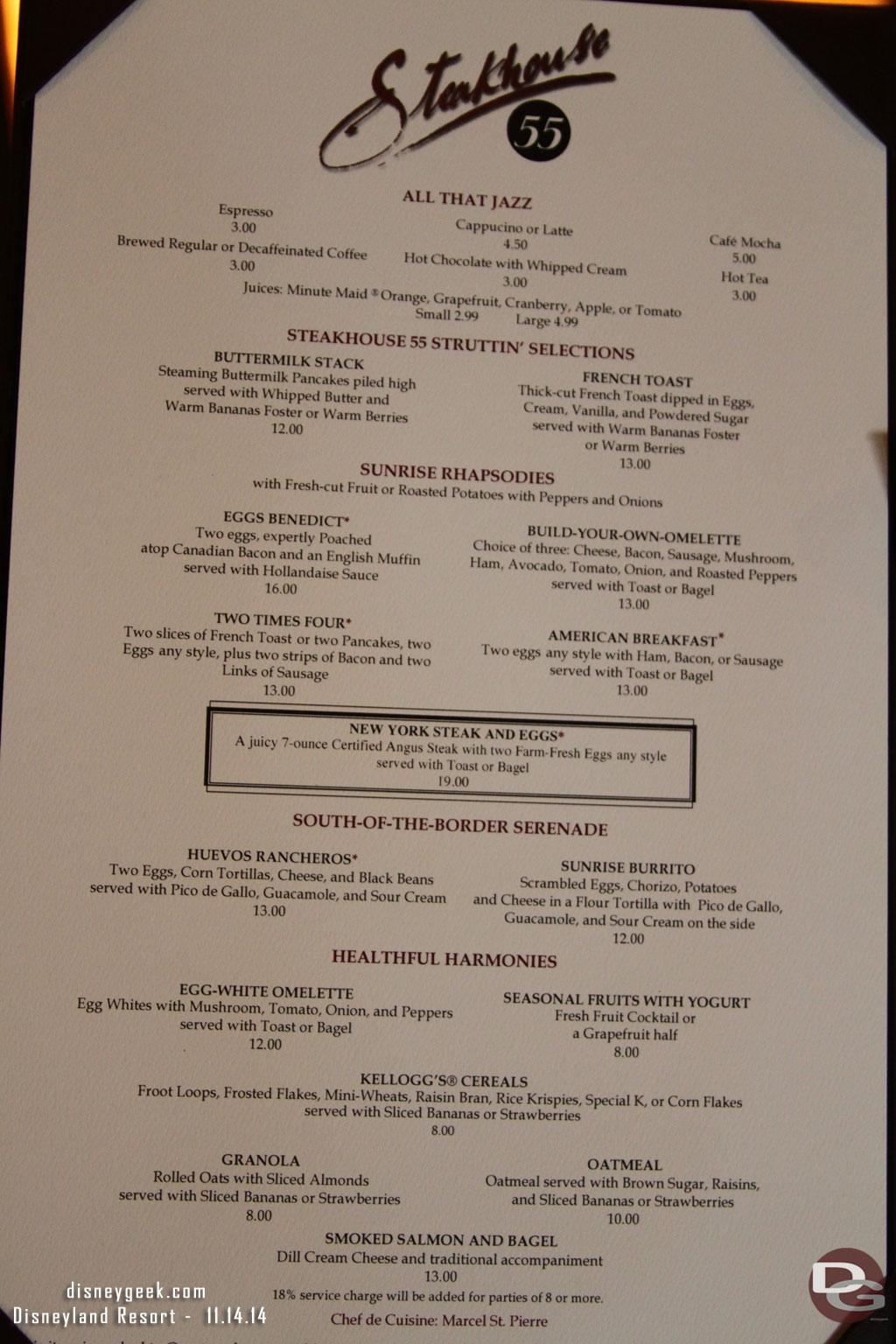 The breakfast menu for Steakhouse 55.  