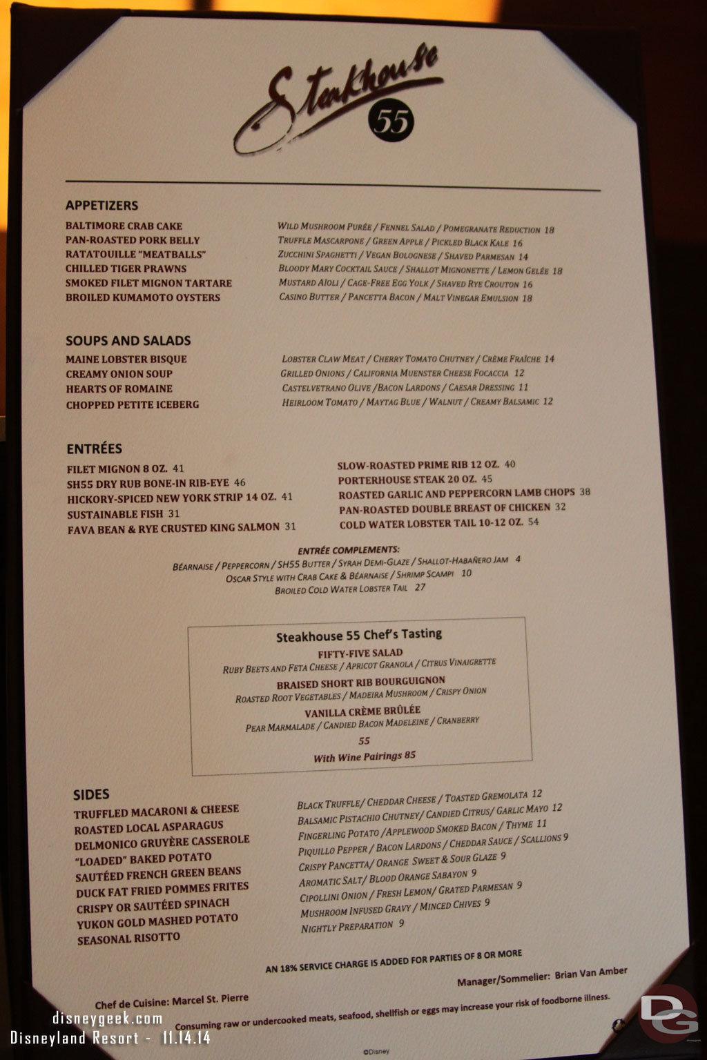 The dinner menu for Steakhouse 55.