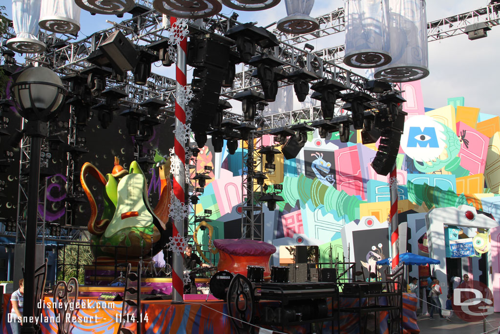 The stage at the Mad T Party has been decorated for the season and snow machines installed overhead.