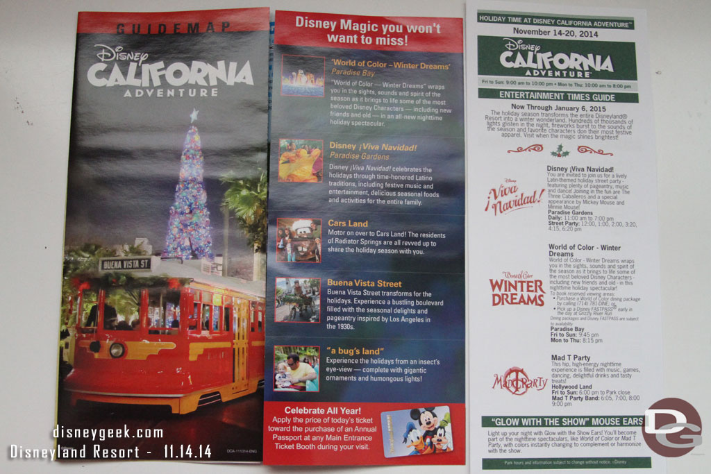 The Disney California Adventure guidemap for the holiday season.