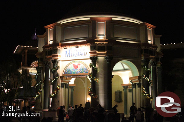 The Little Mermaid decorations after dark.