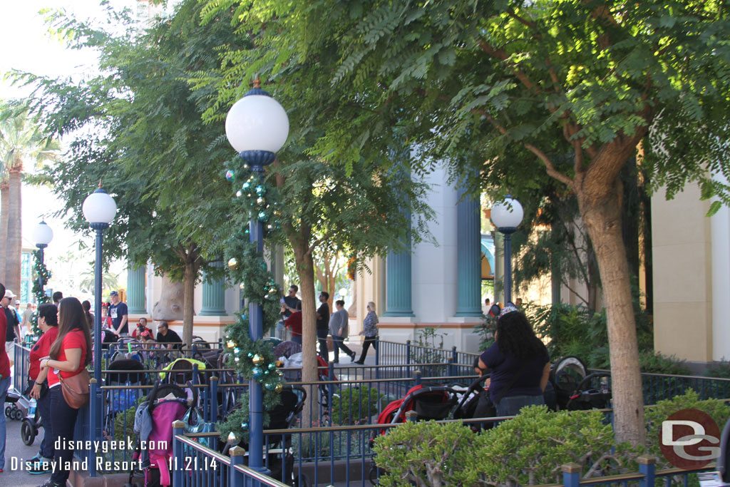 Some of the poles near the stroller parking for the Little Mermaid have garland again this year.