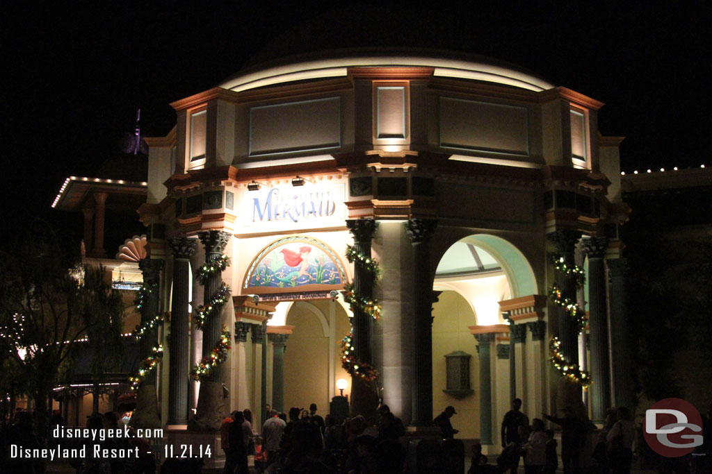 The Little Mermaid decorations after dark.