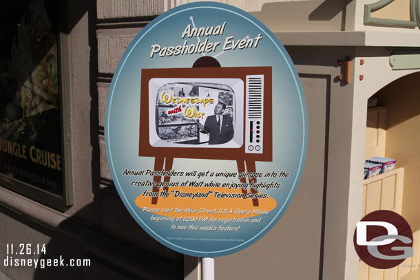 Every Wednesday until July there is an Annual Passholder promotion called Wednesdays with Walt where they have a presentation and screening in the Opera house several times in the evening.