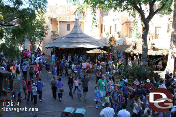 A look down on Adventureland from the second story queue of the Jingle Cruise.