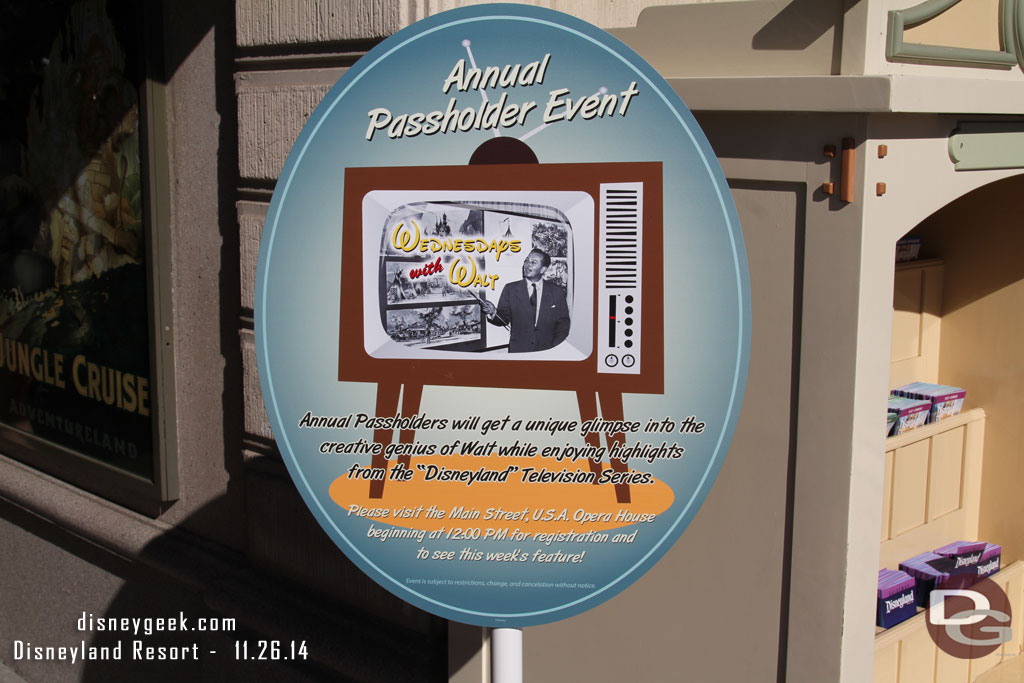 Every Wednesday until July there is an Annual Passholder promotion called Wednesdays with Walt where they have a presentation and screening in the Opera house several times in the evening.