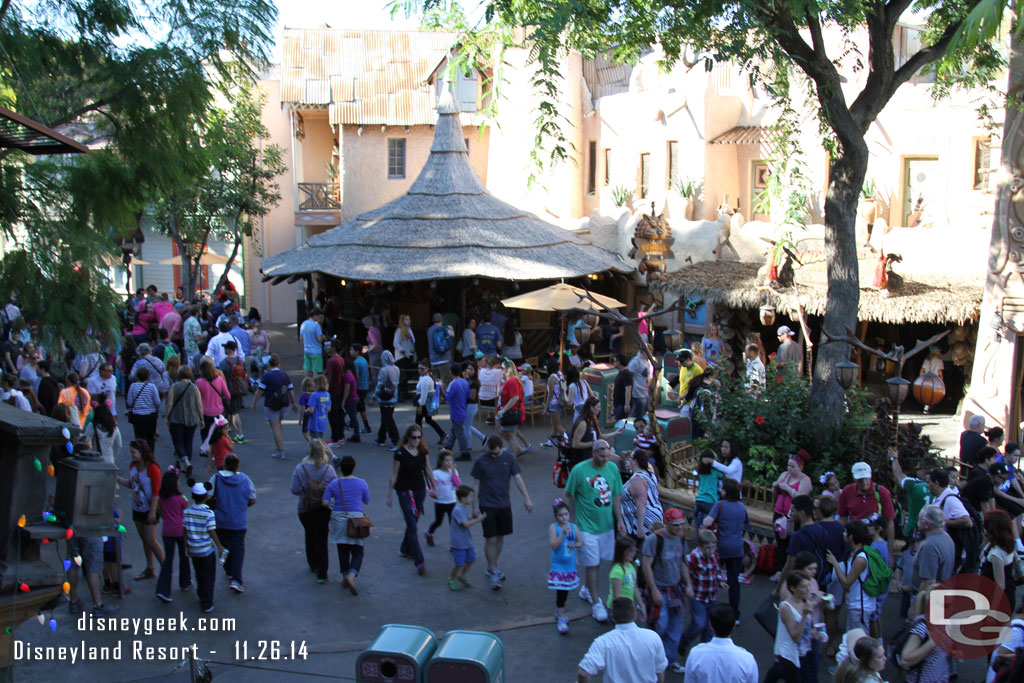 A look down on Adventureland from the second story queue of the Jingle Cruise.