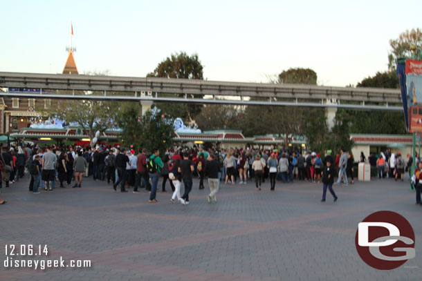 The lines to get into Disneyland stretched out to the Monorail beam.