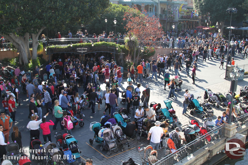 Cruising by New Orleans Square.  Noticed the taped off area to create rows for the strollers to park in.