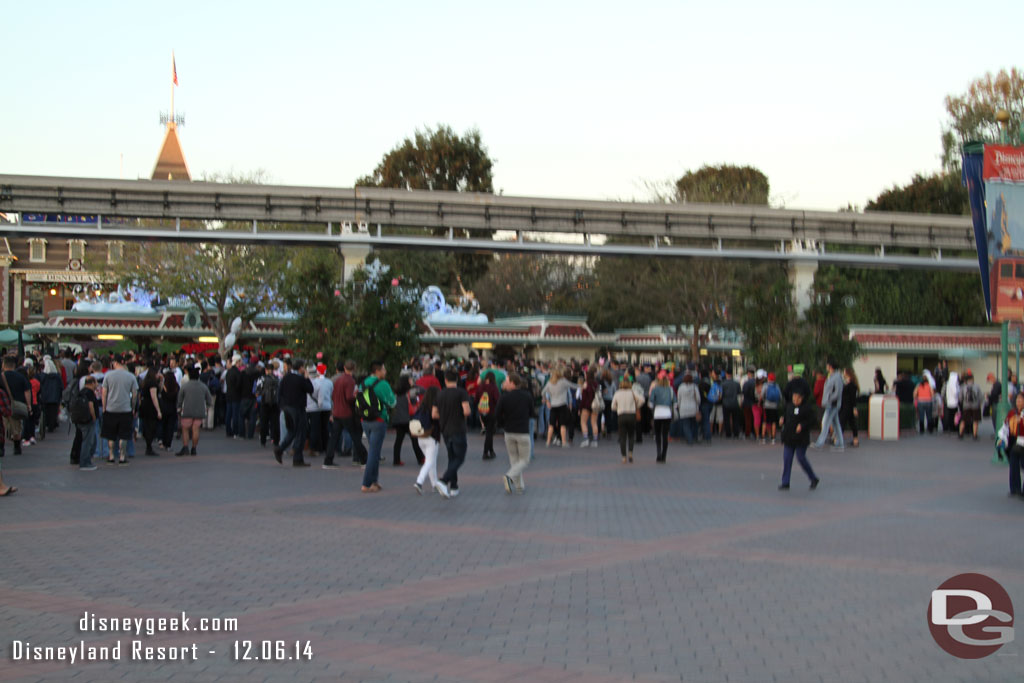 The lines to get into Disneyland stretched out to the Monorail beam.