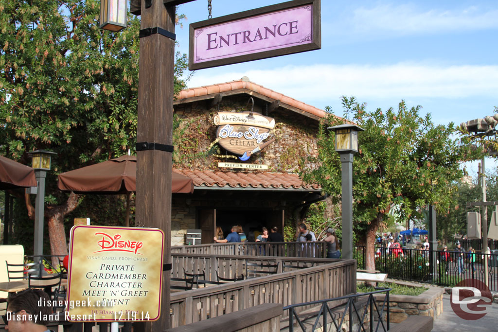 The Disney Visa Meet and Greet has moved into the Blue Sky Cellar and runs from 10:30 to 1:30 daily. 