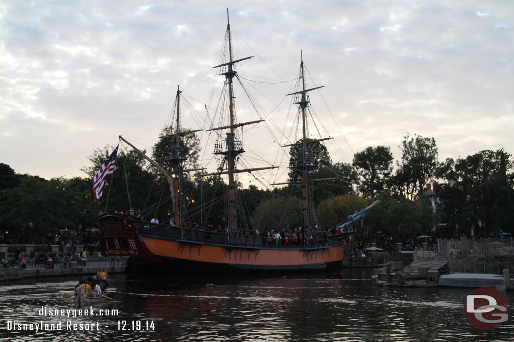 The Columbia and canoes out on the Rivers of America.