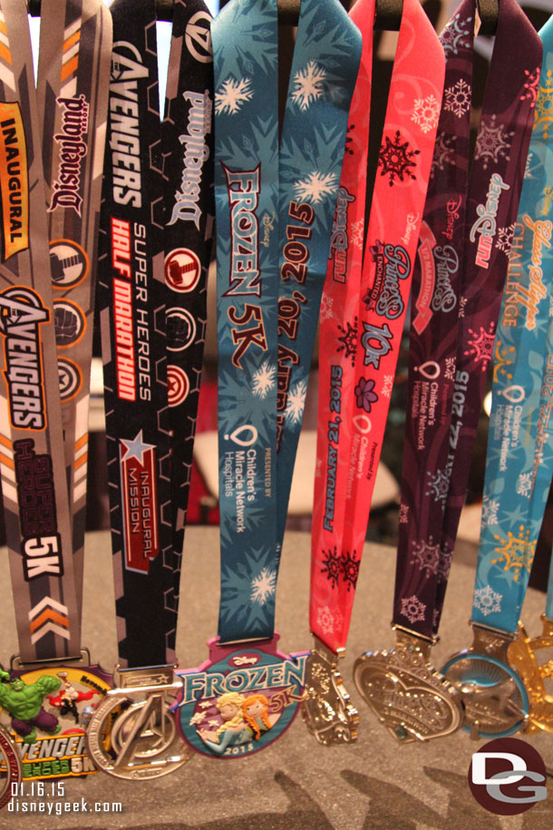 Some of the medals for up coming races at the runDisney booth