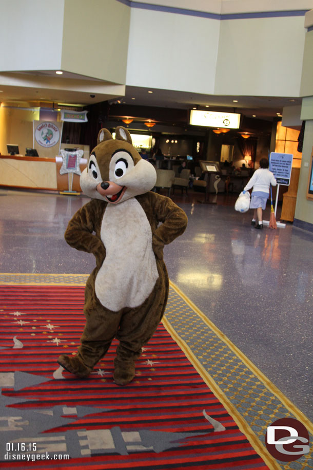 Ran into Chip who posed for a picture. Also spotted Goofy and Minnie walking around the hotel.