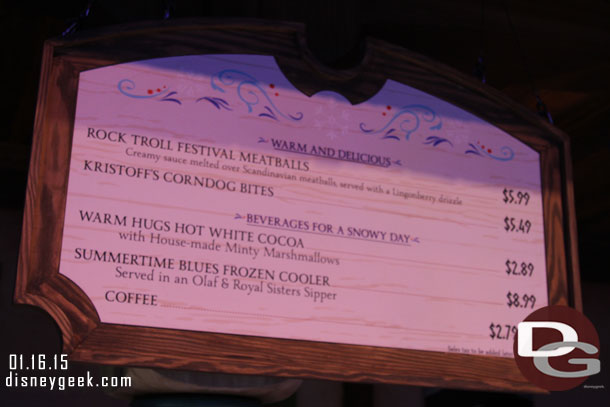 The menu for the warm and delicious treats