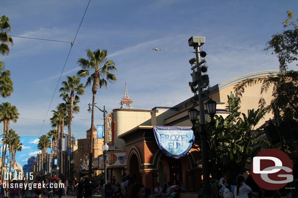 More Frozen Fun banners flank the Hollywood Land entrance