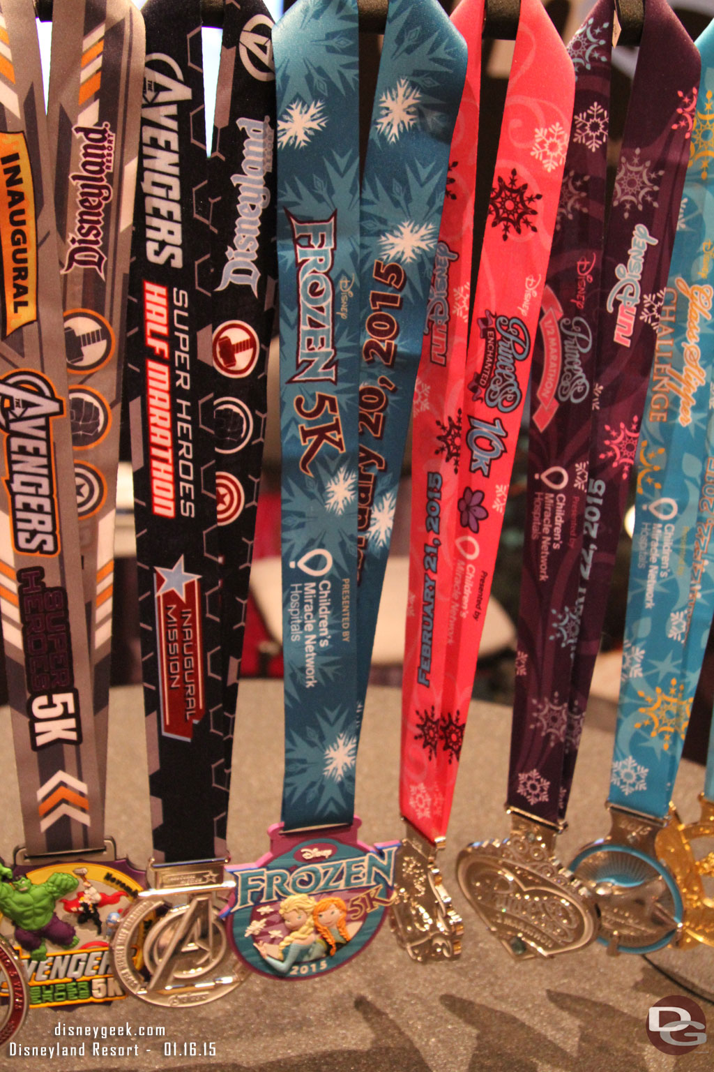 Some of the medals for up coming races at the runDisney booth