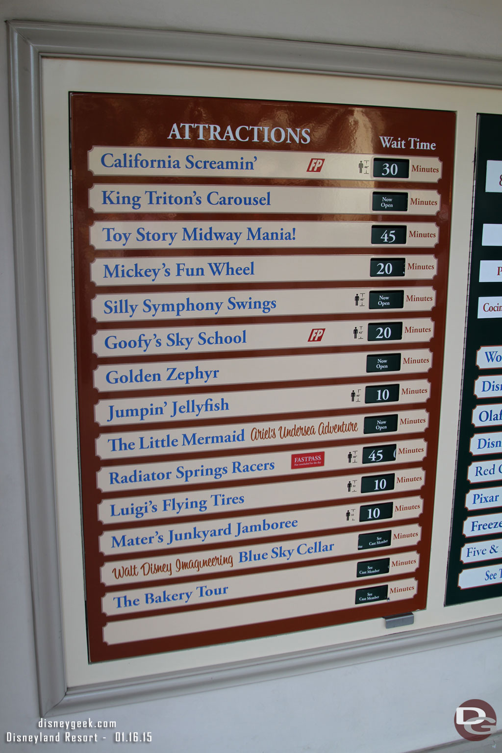 The wait times for Disney California Adventure around 2pm