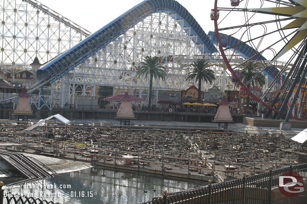 A look out at the World of Color Platform.  They have tents over the entrances to the lower vault/equipment spaces.