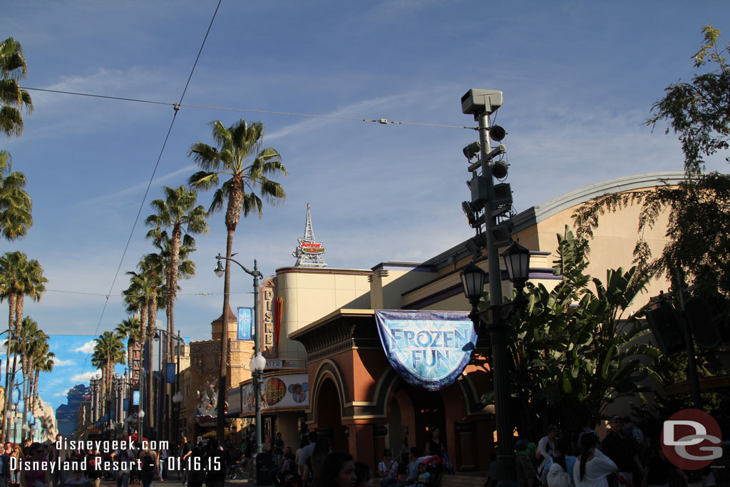 More Frozen Fun banners flank the Hollywood Land entrance