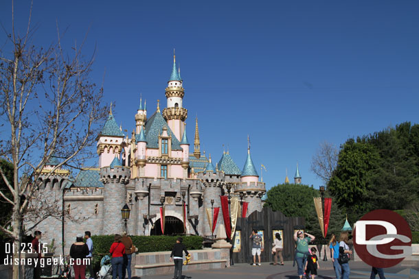 No scaffolding yet.. but the castle walkway is blocked and moat is drained.  Soon this will be covered.