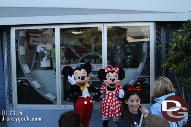 Mickey and Minnie were greeting guests in Tomorrowland.