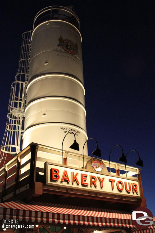 The bakery sign lit up this evening.