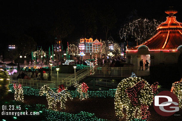 The garden and Small World mall Christmas lights were still on this evening.