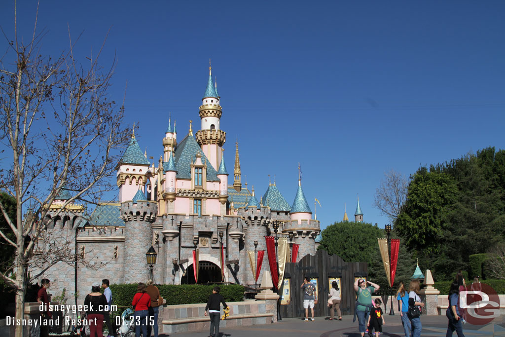 No scaffolding yet.. but the castle walkway is blocked and moat is drained.  Soon this will be covered.