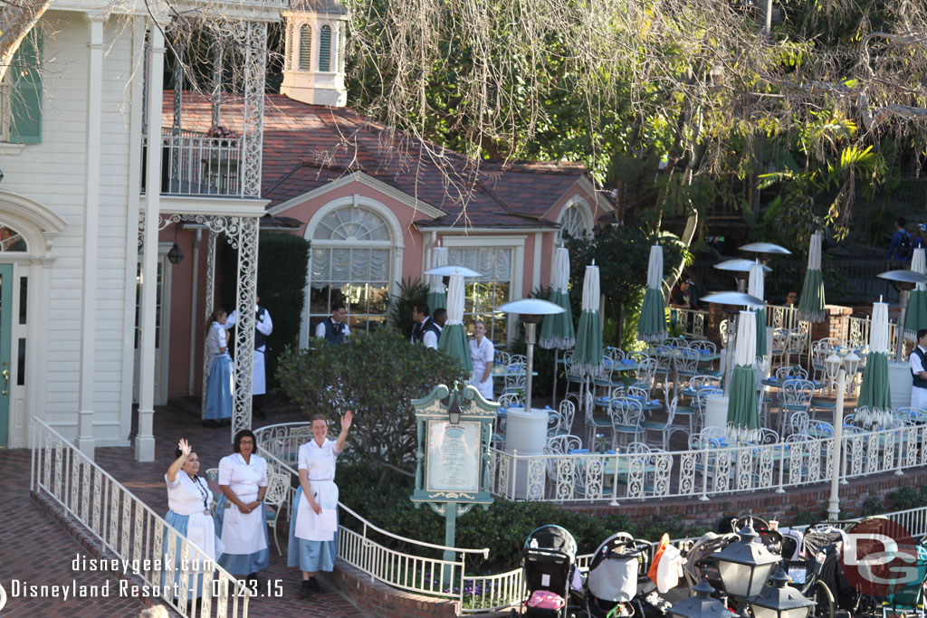 A fair number of Cast Members preparing the River Belle Terrace for Fantasmic dinner guests.