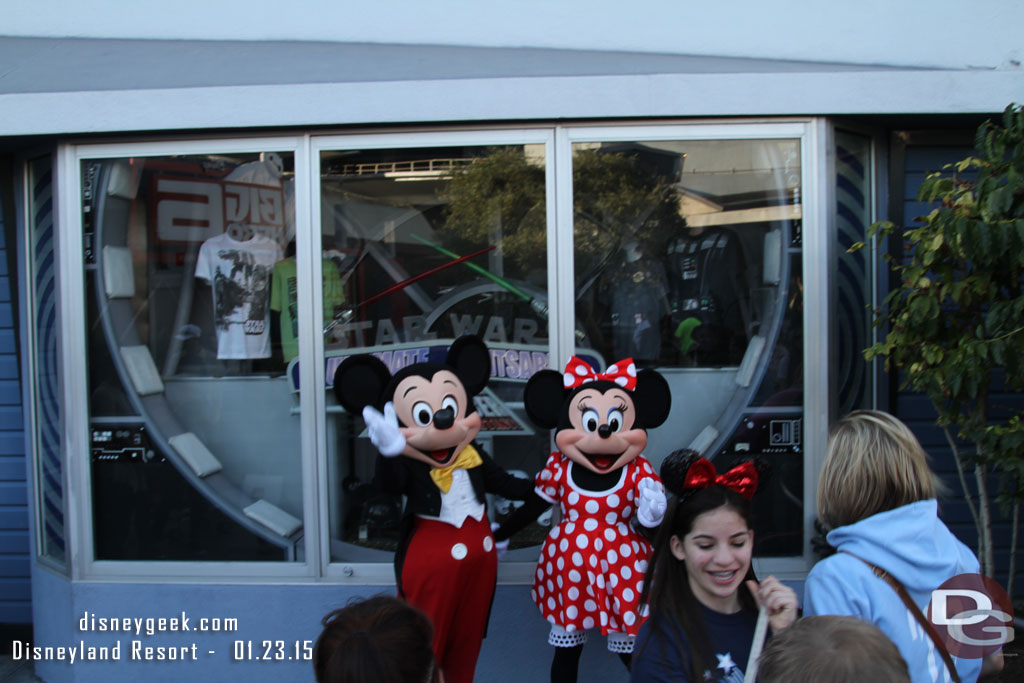 Mickey and Minnie were greeting guests in Tomorrowland.