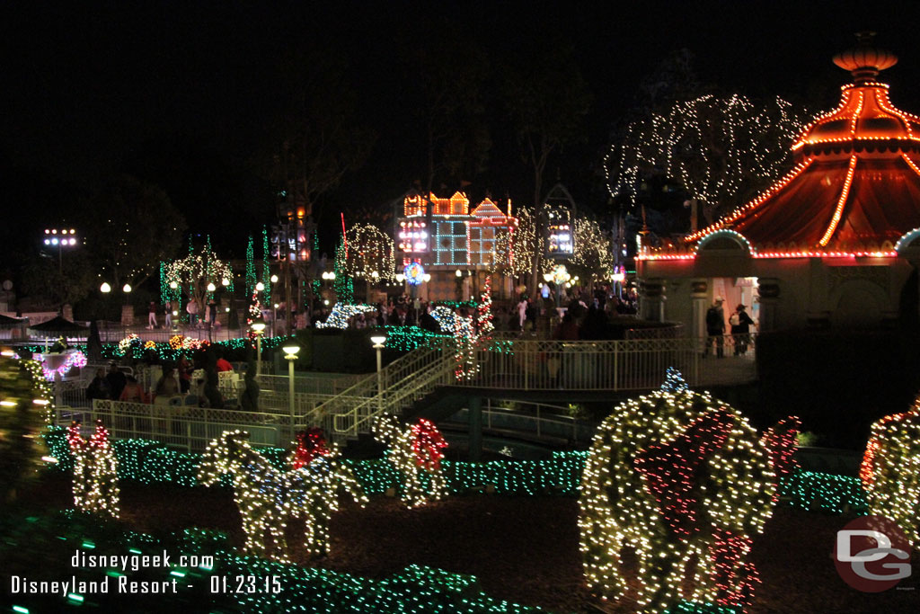 The garden and Small World mall Christmas lights were still on this evening.