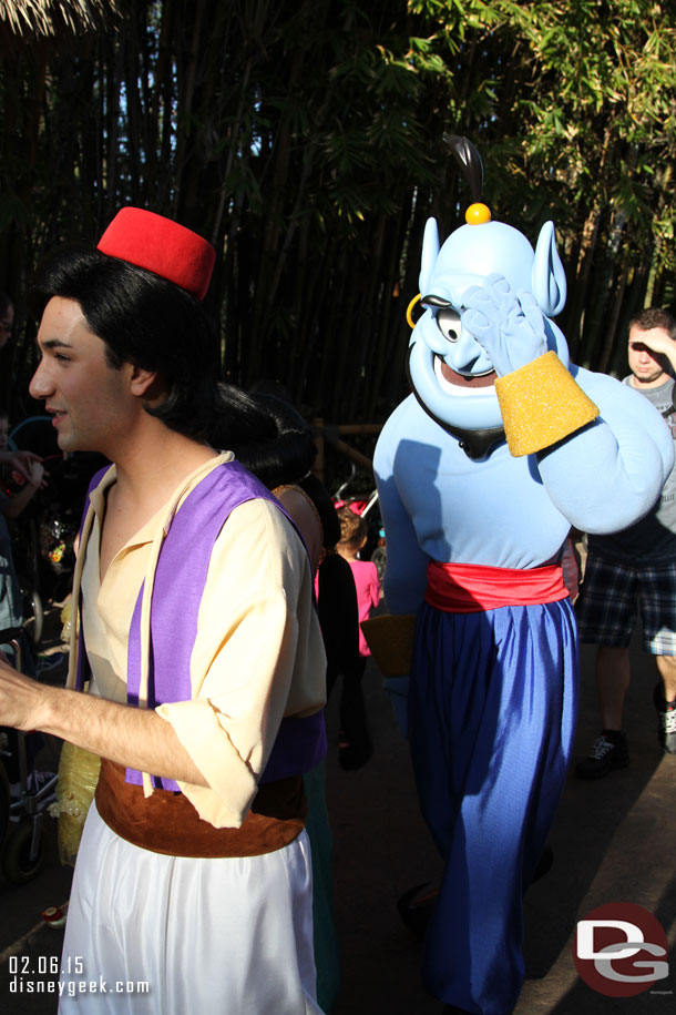 As I passed the Tiki Room Aladdin, Jasmine, and the Genie were heading into Adventureland.