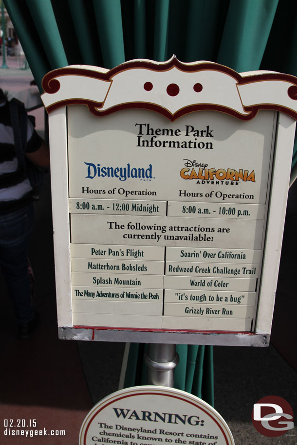 The list of closures this trip to the Disneyland Resort.  Interesting note last visit the Flying Tires were on there even though they were still open and now that they are closed they are not listed.