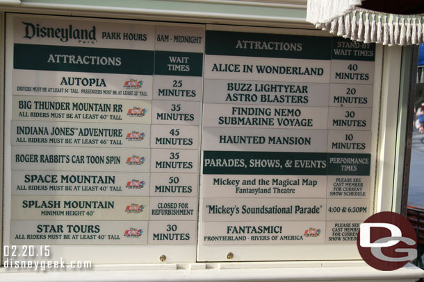 Some Disneyland wait times around 3:26pm