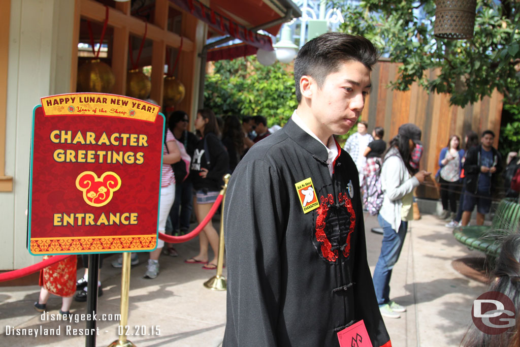 Character greetings.  The line was between 45-60 minutes when I was there and they were rotating Mushu, Mickey/Minnie and Chip/Dale through and no guarantee which who you would meet.