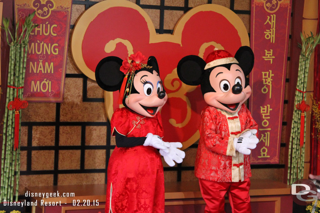 Mickey and Minnie were greeting guests 