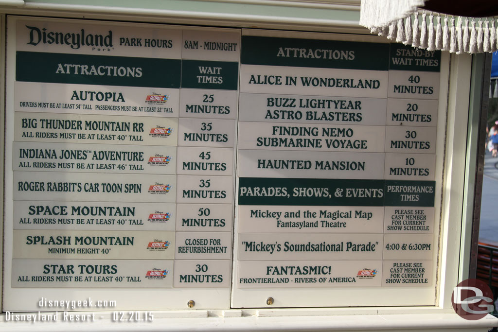 Some Disneyland wait times around 3:26pm