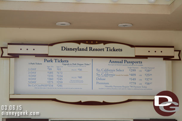 Since my lat visit prices have gone up.  Here are the current Disneyland Resort posted options/rates.